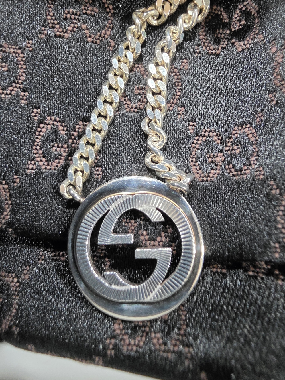 Gucci Interlocking G Pendant Groove Necklace 925 Sterling Silver W/Box And Dusty